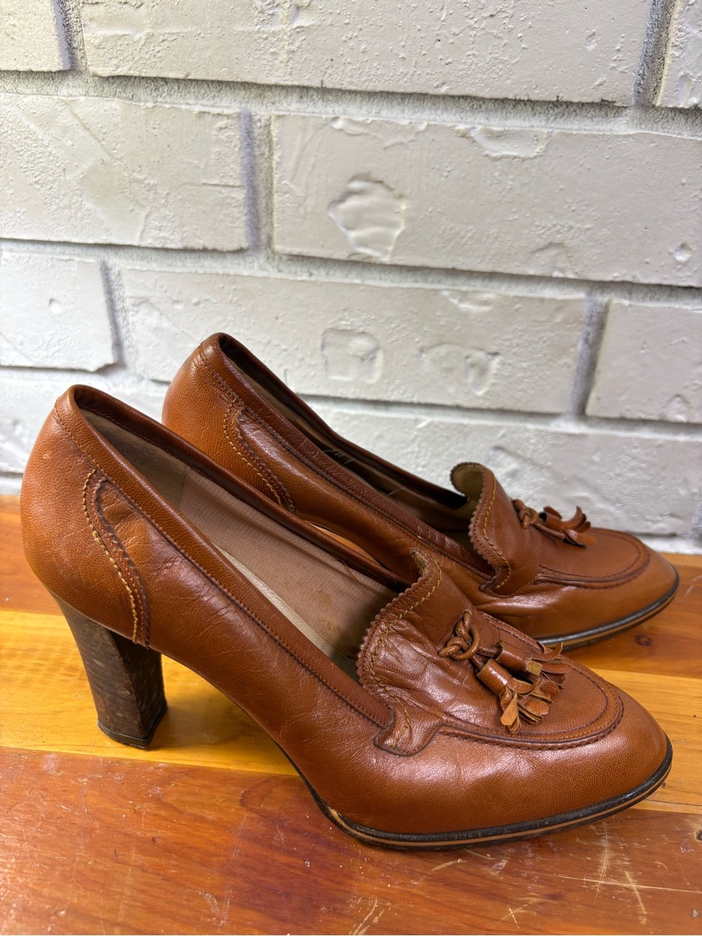 Vintage Caressa Spain Brown Leather Tassel Loafer Pumps Heels